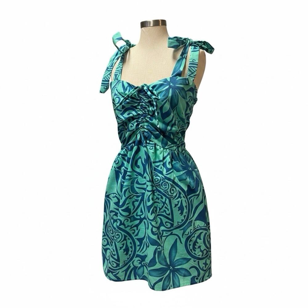 Teal Blue Polynesian Floral Tribal Dress Adjustable Tie Strap Ruched Large